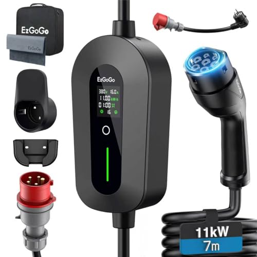 EzGoGo Mobile Wallbox 11kW Ladegerät Typ 2 (3-phasig) mit 7m Ladekabel CEE 16A auf Typ 2 inkl. Alltags-Adapter-Set | EV Ladestation [6/8/10/13/16A] | Hochwertiger IP65 Schutz | Für EVs & PHEVs