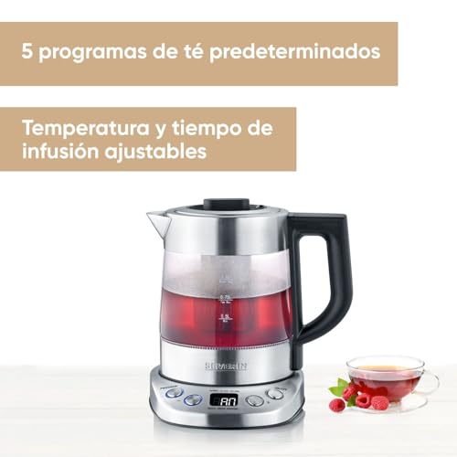 Miniatura 2 de SEVERIN Tetera y hervidor de agua Deluxe Mini, tetera eléctrica de cristal para hasta 1,0 L, tetera pequeña con temperatura ajustable, color acero cepillado/negro, WK 3473