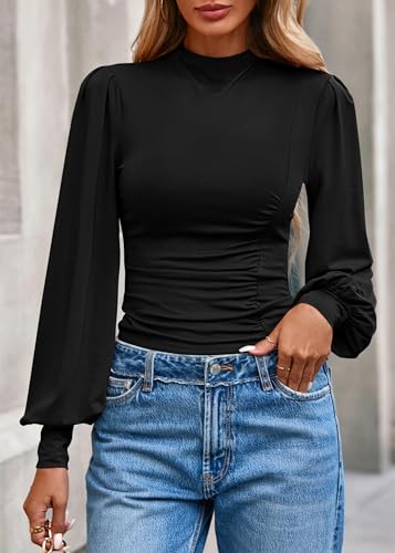 KIRUNDO Going Out Tops for Women Puff Long Sleeve Mock Neck Ruched Shirts Dressy Casual 2025 Fall Fitted Trendy Work Blouse3