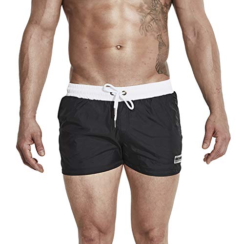 DESMIIT Men's Short Pocket Board Shorts Drawstring Swimming Beachwear Summer Loose Trunks Black