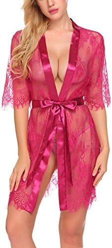 Acecor Women Lace Kimono Ligerie Babydoll Sleepwear Chemise Nightgown(Rose Red,XL)