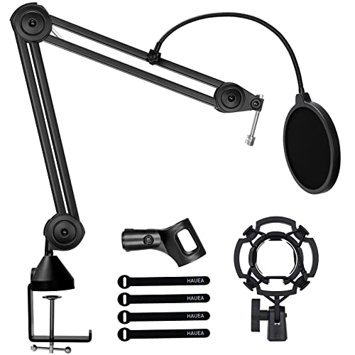 Microphone Boom Arm, HAUEA Heavy Duty Mic Arm Desk Mount Microphone Stand Suspension Scissor Boom Scissor Podcast Mic Stand with Shock Mount and Pop Filter for Blue Yeti Snowball & Blue Yeti Nano