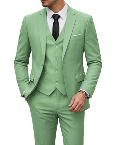 Image of YND Men's 3 Piece Suit with Tie, Solid Color Slim Fit Jacket Vest and Pants