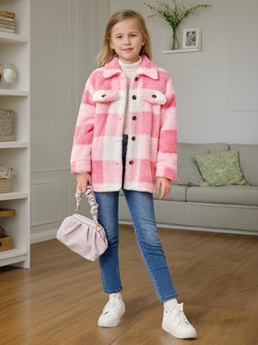 Girls Plaid Coat Long Sleeve Button Warm Fall Winter Jacket Fashion Pink Coats Outerwear for 8-12Y2