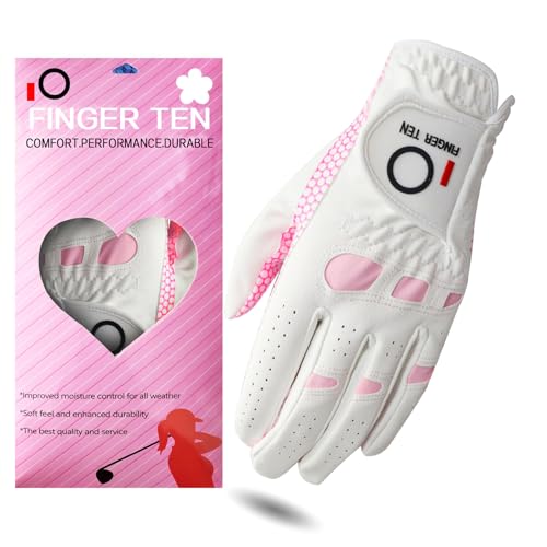 Finger Ten All Weather Grip Ladies Golf Gloves 1 Pack For Left And Right Hand Golfers, Soft Golf Glove Lh Rh, Sizes S M L Xl (Pink, Small (Worn On Left Hand))