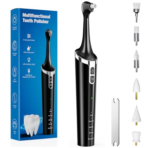 Electric Tooth Polisher, Rechargeable Teeth Cleaning Kit with 6 Cleaning Heads, 5 Speed Modes, LED Light, IPX6 Waterproof, Tooth Cleaner-Plaque Remover for Teeth, for Daily Teeth Cleaning at Home