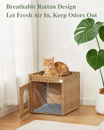 SETVSON Cat Litter Box Enclosure Furniture, Hidden PE Rattan, Natural | PE Rattan Kitty House with Top Fence, Fits Standard Litter Box, Included Litter Mat, 2 S-Hooks, Sturdy Metal Frame