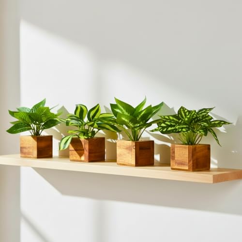 Image of DecoreBugs Artificial Leaves Potted Plants in Wooden Pot (4 Pack) Money Plant | Small Plants for Home Decor | Office Decor