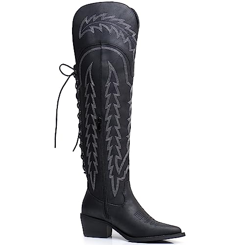 Image of GLOBALWIN Women's Cowboy Western Fashion Over The Knee Thigh High Cowgirl Boots Low Heel