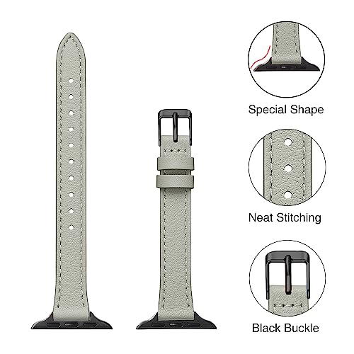 Image of STIROLL Slim Leather Bands Compatible with Apple Watch Band 49mm 46mm 45mm 44mm 42mm(Series 3 2 1), Top Grain Leather Watch Thin Wristband for iWatch Ultra SE Series 11 10 9 8 7 6 5 4(Gray Black)