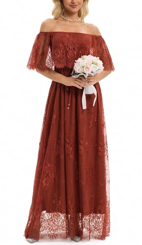 Image of HOYISHION Women's Off The Shoulder Floral Lace Maxi Dress White Bridesmaid Wedding Party Maternity Photoshoot Long Dresses