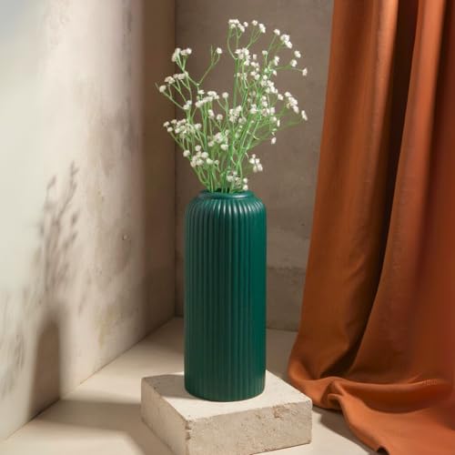 Image of KREATIVE ART'S Modern Ribbed Design Ceramic Flower Vase for Living Room, Flower Pots for Artificial Flower, Home Decoration Item, Home Decor, Vases for Living Room (Dark Green, Large)