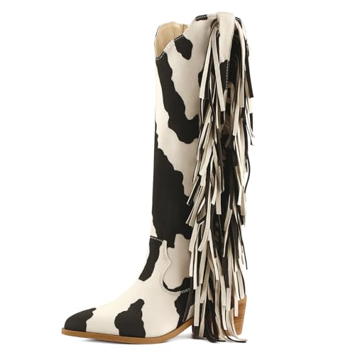 Image of KiutSymo Cowgirl Fringe Boots For Women White Tassels Cowboy Boots Knee High Pointed Toe Western Boots