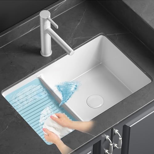 Ceramic Laundry Sink with Washboard - Undermount Bathroom Vessel Sink, Lavatory Vanity Sink with Overflow, Complete Set with Faucet & Drain, Perfect for Home Bathroom Use