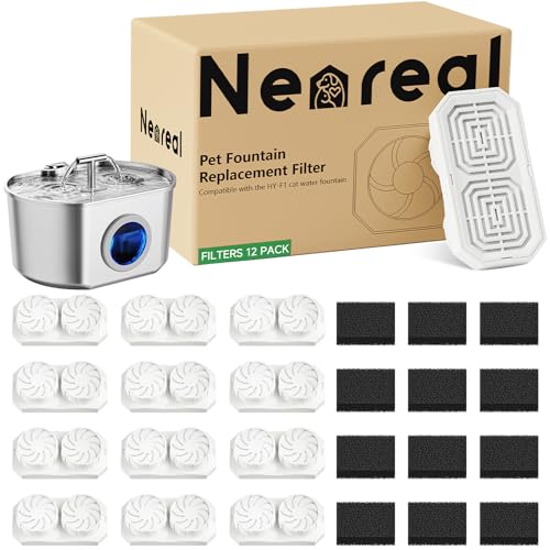Neareal Official Cat Fountain Replacement Filters & Pre-Filter Sponges for 74oz/2.2L Stainless Steel Pet Water Fountain (12 Pack)