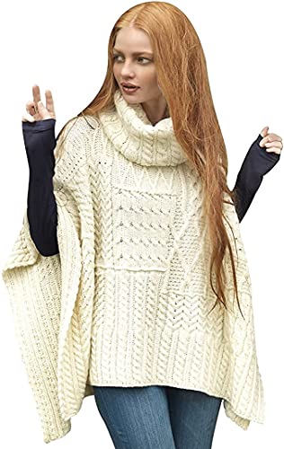 100% Irish Merino Wool Patchwork Aran Cowl Cape, Natural, One Size