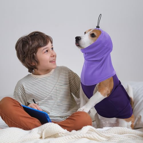 Image of SAWMONG Dog Anxiety Vest, Breathable Calming Shirt Adjustable Chest & Hood for Dogs, Soft Pet Stress Relief Calming Coat Wraps Ears for Noise, Thunderstorms, Fireworks and Separation(Purple, Medium)