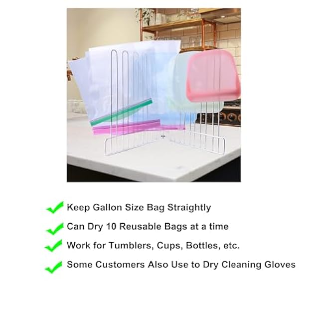 Reusable Drying Rack, Foldable Freezer Bag Dryer, SUS304 Stainless Steel Stand for Gallon, Quart, Sandwich, Snack Bags