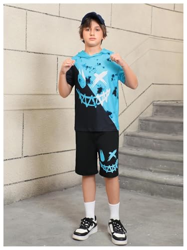 Image of WDIRARA Boy's Two Piece Graphic Print Hooded Neck Tops and Track Shorts Clothing Set