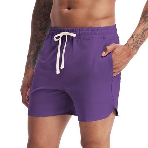 Amy Coulee Mens Gym Shorts 5 Inch Cotton Running Casual Sports Shorts with Pockets (Purple, S)