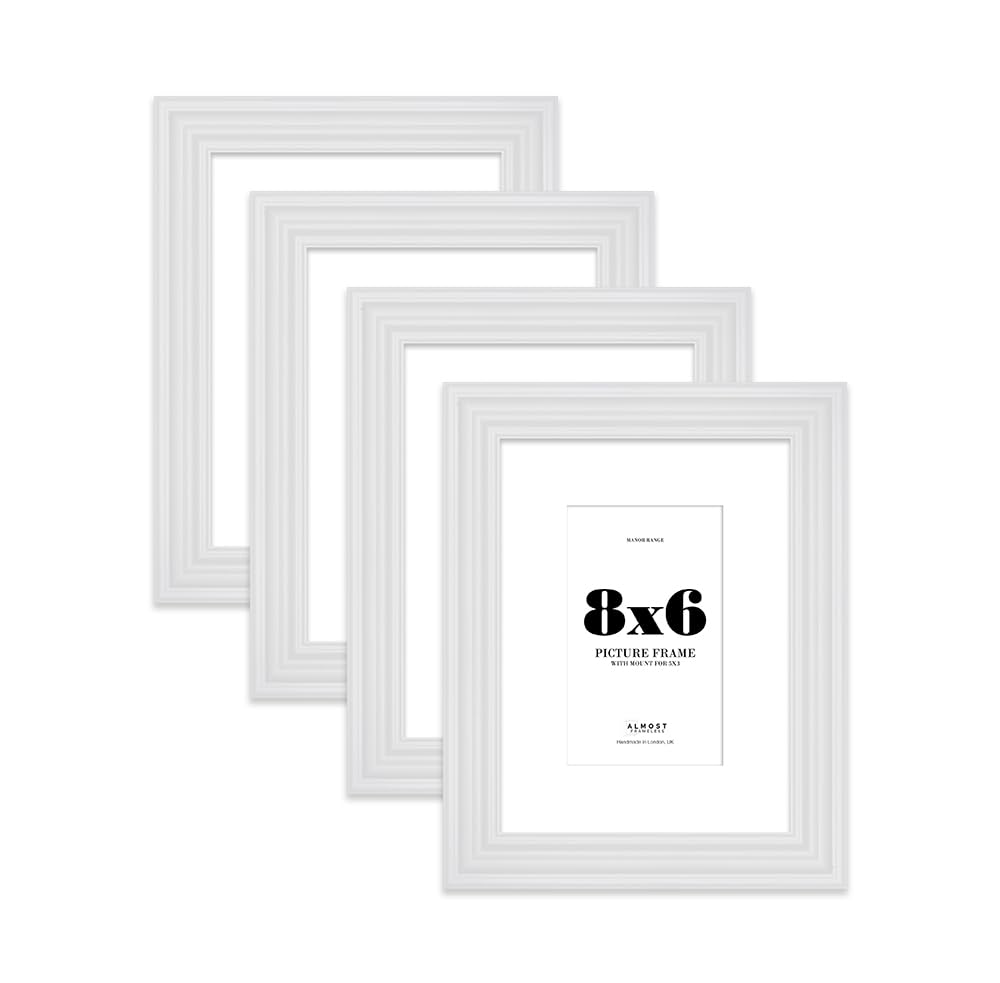 8x6 White Picture Frame - 8x6 Frame with 5x3 Mount for 8x6/5x3 Pictures Classic Style Wall Art, 4 Pack