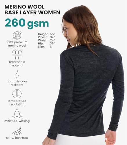Image of Merino Wool Base Layer Women - 100% Merino Wool Shirt Women Thermal Underwear Long Sleeve T-Shirt for Hiking