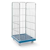 Roll-conteneur à panneaux grillagés - socle roulant en plastique, 3 côtés - grillage galvanisé bleu avec tablettes inclinées - Chariot grillagé Conteneurs de transport Roll-conteneurs Chariots