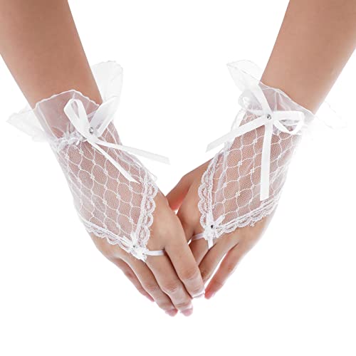 Yolev Wedding Fingerless Rhinestone Lace Gloves for Brides and Bridesmaids Lace Bow Short Gloves for Banquet Party Performance Wedding (White)