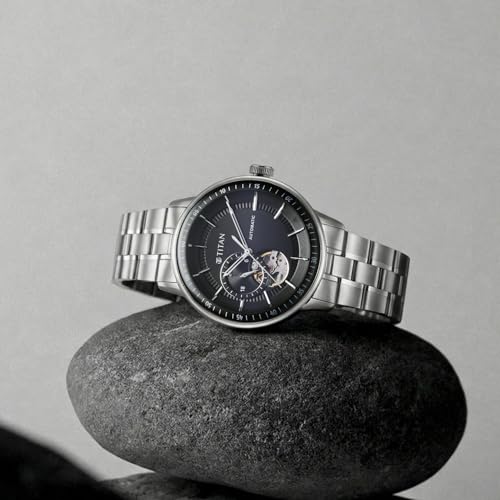 Image of Titan Orbital Open Heart Automatic Analog with Black Dial Silver Stainless Steel Strap Watch for Men - 90226SM01