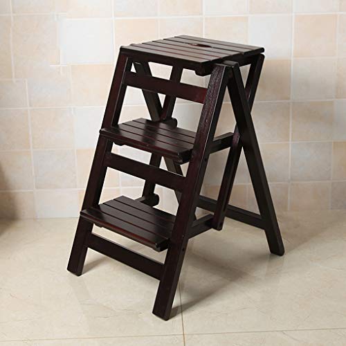 Folding Ladder Staircase Multi-Functional Folding Solid Wood Ladder Stool,Step Stool Household Muliti-Color Stool Step Ladder Foldable Stepladder,Black,Three