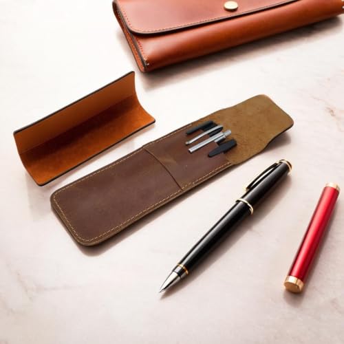 Image of Genuine Leather Pen Pouch, Fountain Pen Case, Desk Holder, Elegant Carrying Sleeve for Ballpoint & Rollerball Pens, Wine Holder, Durable Desk Supply Organizer, Single Pen Wallet, Soft Leather Cover