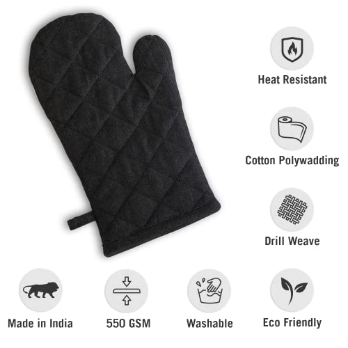 Image of 3 Oven Gloves, Cotton Heat Resistant Oven Mitts Kitchen Gloves for Cooking, Baking | Heat Proof, Durable, Free Size (Black)