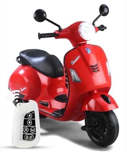 Image of Vespa 12V Battery Operated Rechargeable Ride-On Scooter for Kids with Remote | Electric Scooty for Girls & Boys (1-6 Years, Red), Music, Lights, USB, Safety Wheels
