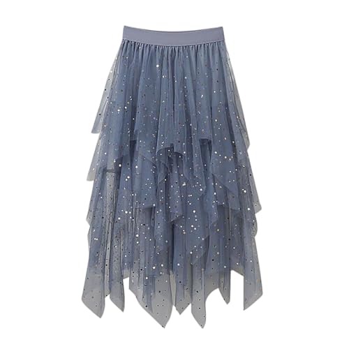 Tulle Midi Skirts for Women 2025 Summer Elastic High Waisted Sequin Asymmetrical Ruffle Tiered Skirt