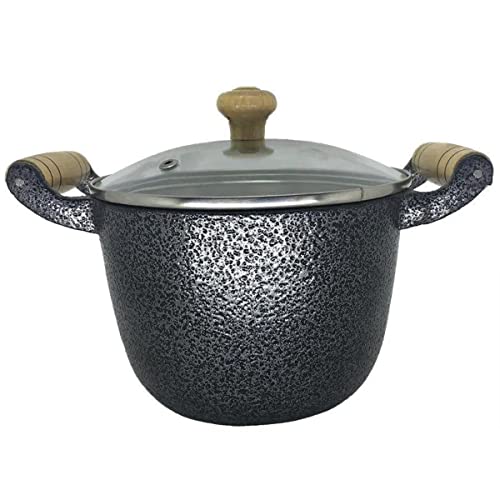 Caldeirão Alumínio Fundido Craqueado Preto Alça e Pomel de Madeira Tampa de Vidro 30cm 10L