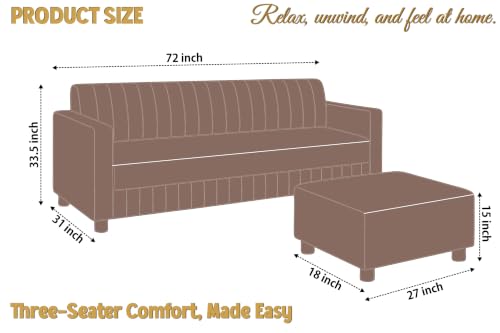 Image of 3 Seater Velvet Sofa with Ottoman | Modern Upholstered Couch | Comfortable Living Room Sofa | Durable & Stylish Seating for Home, Office & Guest Room - Brown Color