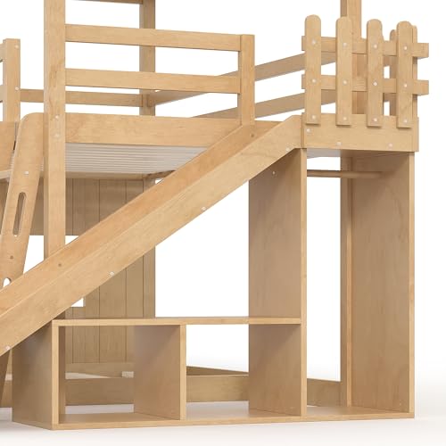 Image of Bellemave Bunk beds Twin Over Full with Slide,Ladders,Bookshelf and Wardrobe House roof Design, Low bunk /loft Bed for Kids, Natural