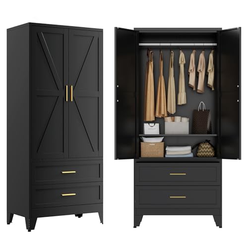 Image of Black Metal Wardrobe Closet, Armoire Wardrobe with Two Drawers Clothes Cabinet for Bedroom, 71 inch Tall Farmhouse Steel Armoire Closet with Drawers and 2 Doors Clothing Storage Cabinet with Hanging Rod