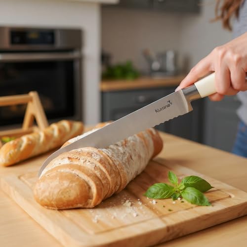 Image of KUISINE Upgraded Knife Set High Carbon Stainless Steel Sharper Blade Ergonomic Handle,Knife Block Set with Built- in Sharpener(Ivory Pro Acacia,15PCS)