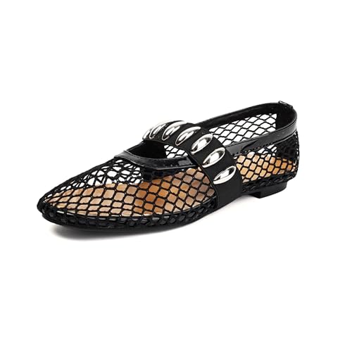 HIPPOSEUS Womens Fishnet Ballet Flats Mary Jane Flat Slippers Summer Comfortable Ballerina Flat Shoes