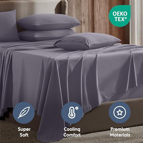 Image of Nestl Extra Deep Cal King Sheet Set - 6 Piece Breathable & Cooling Sheets - Hotel Luxury Bedding Set w /18-24 Inch Deep Pockets - Easy & Secure Fit - Super Soft, Wrinkle Free & Comfy - Grayish Purple