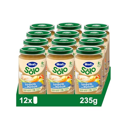 Hero Baby Tarrito Infantil - Tarritos de Verduritas con Merluz, Sin Aceite de Palma,Sin Sal Añadida, Para Bebés desde 8 Meses, Ingredientes 100% naturales, 235 g (Paquete de 12)