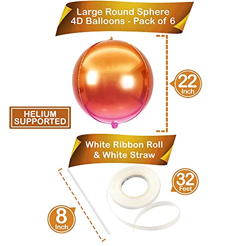 Image of KatchOn, Orange Mylar Balloons - Large 22 Inch, Pack of 6 | Round 4D Orange Foil Balloons, Metallic orange Balloon for Birthday Decoration, Halloween Decorations, Basketball Party Decorations