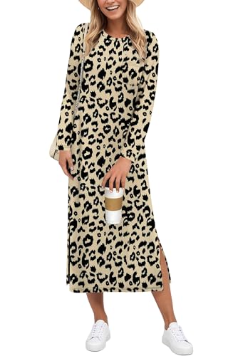 AUSELILY Kleid Langarm Damen - Freizeitkleider Seitenschlitz Elegant Maxi Dress - Herbst Winterkleid Leopardenprint L