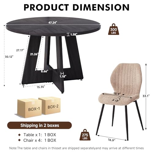 Image of 47 inch Round Dining Table Set for 4, Kitchen Table and Chairs | Wooden Cross Base, Boucle Fabric Chair, for Apartment
