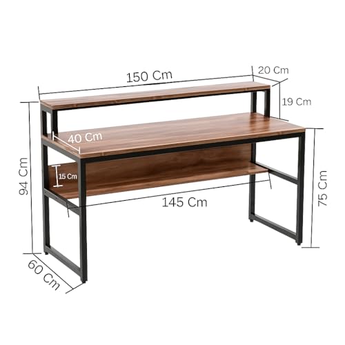 Image of Deskio Computer Desk with Lower Shelf & Monitor Riser, Laptop, Study, Writing, Industrial, Workstation, Multipurpose Table - Brown (150L x 60W x 94H Cm)