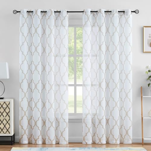Metro Parlor Tan White Sheer Curtains 84 Inches Long for Living Room Bedroom, Moroccan Pattern Printed Window Treatments, Grommet Top Light Filtering Drapes 52" W 2 Panel Sets