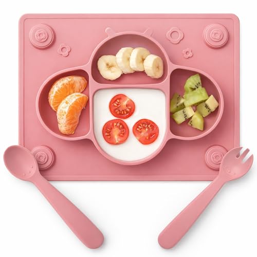 Image of ROCCED Suction Plates for Baby Placemat Spoon Fork Set for Toddlers, Silicone Baby Plates with Suction Baby Dishes for Kids Plates-pale mauve
