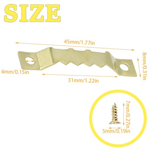 Image of 100 Pcs Sawtooth Hangers Picture Hanging Kit 1.77in Sawtooth Picture Hangers Picture Hooks with Screws Picture Frame Hangers for Photos Artwork Clock (Gold /XK-JC)