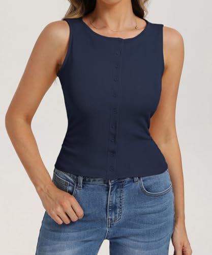 Image of Belle Poque Womens Button Down Tank Tops Ribbed Summer Vest Slim Fit Crop Going Out Tops Open Front Sleeveless Y2K Clothes